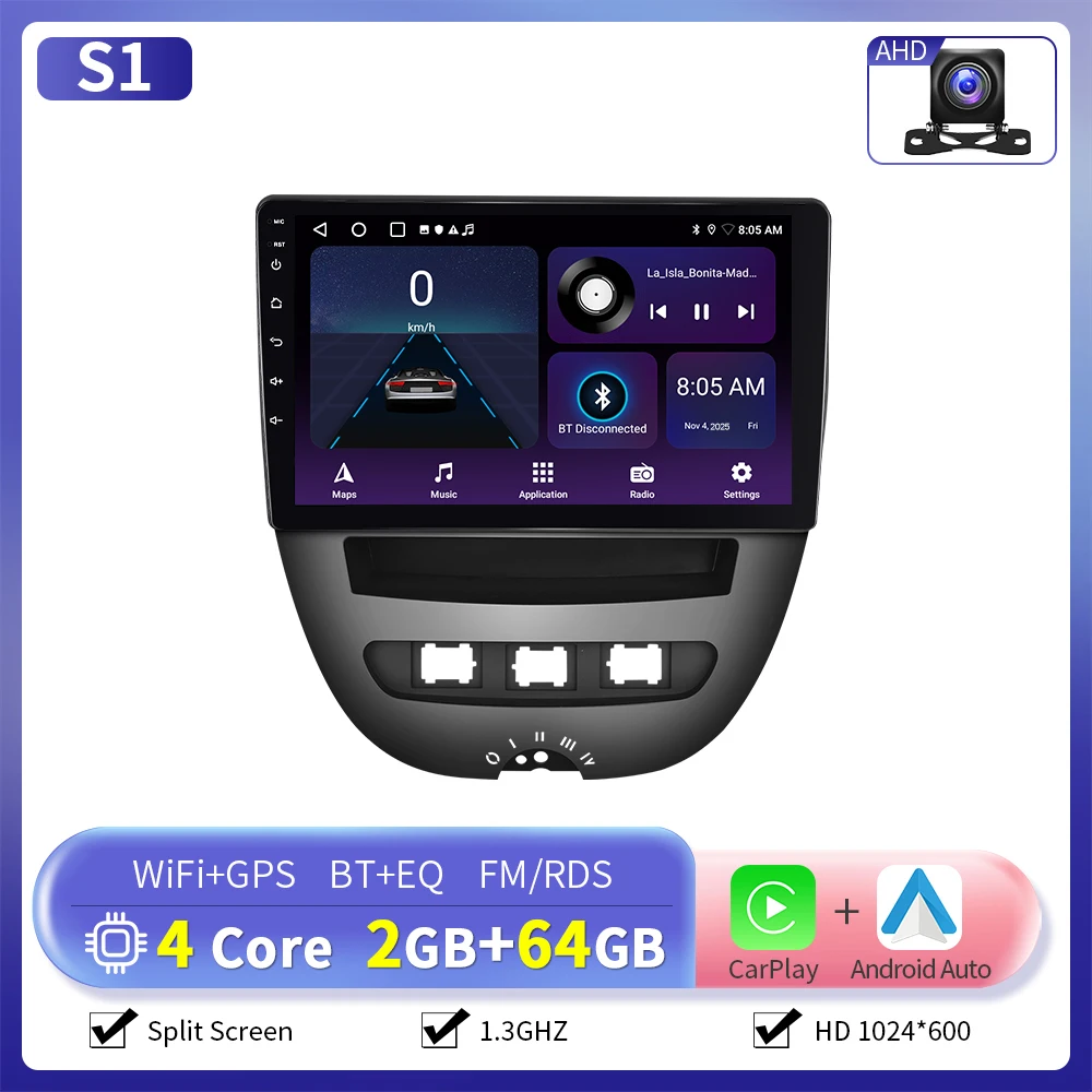 Camecho 6 + 128G CarPlay Android Auto Radio voor Toyota Aygo 2004-2014/PEUGEOT 107/Citroën C1 Multimedia Speler GPS Stereo WIFI