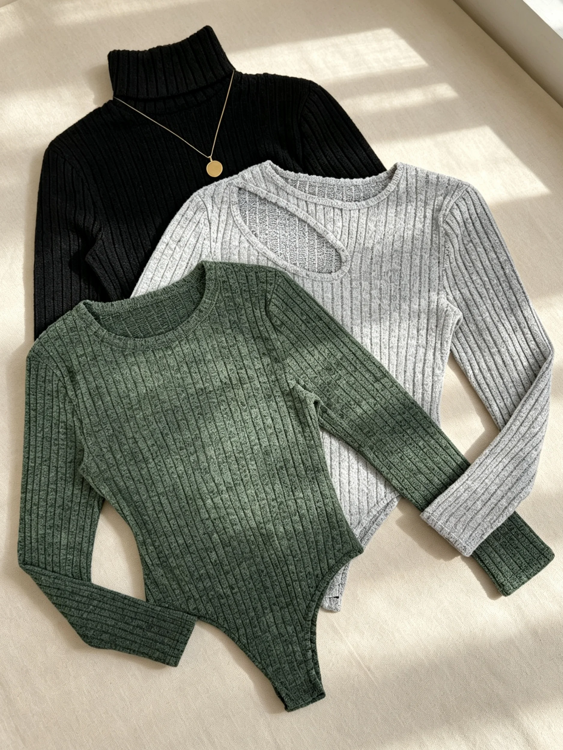 Women 3‑Pcs Set Ribbed Knit Bodysuit Long Sleeve Jumpsuit Top Multi Style Turtleneck Round Neck Hollow Cutout Slim Bodycon Therm 6 Sb99f8187f3ba434ebd62a443151190daX