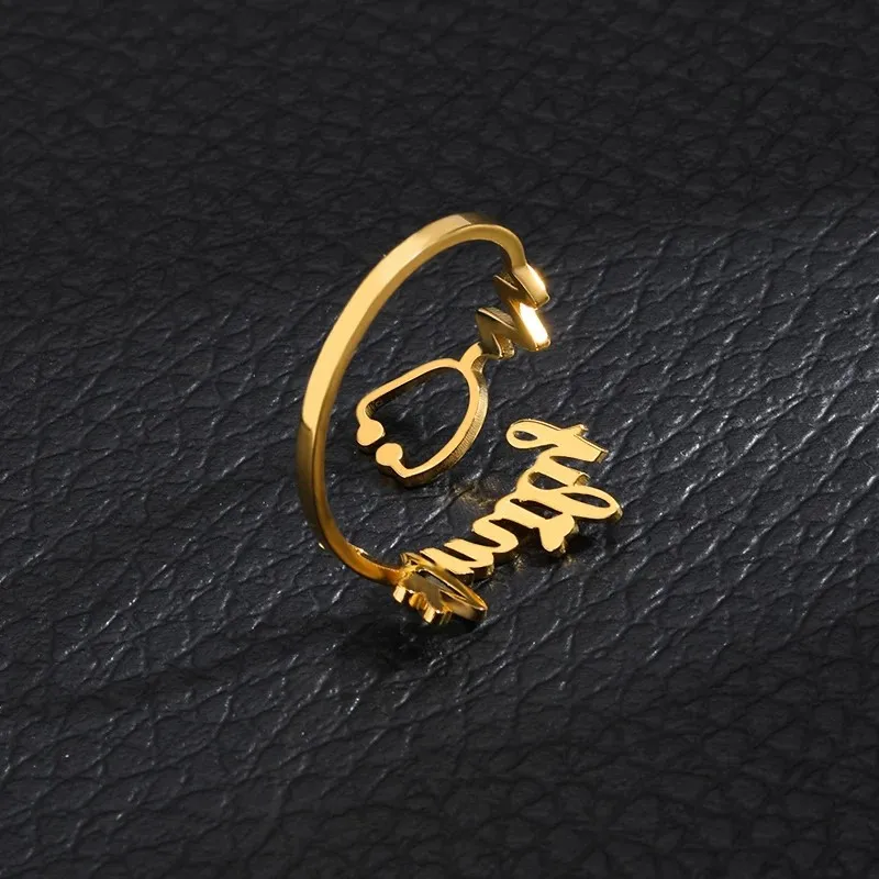 Custom Stethoscope Ring Rose Gold Name Adjustable Stainless Steel Rings for Women Personalized Luxury Nurse Doctor Gift Jewelry