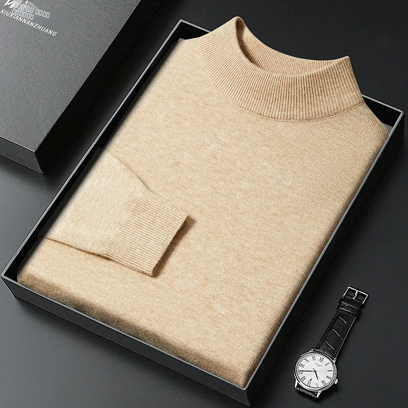 

Мужской повседневный вязаный свитер Long Sve с высоким воротником, осень-зима, однотонный базовый слой, универсальный удобный нож...