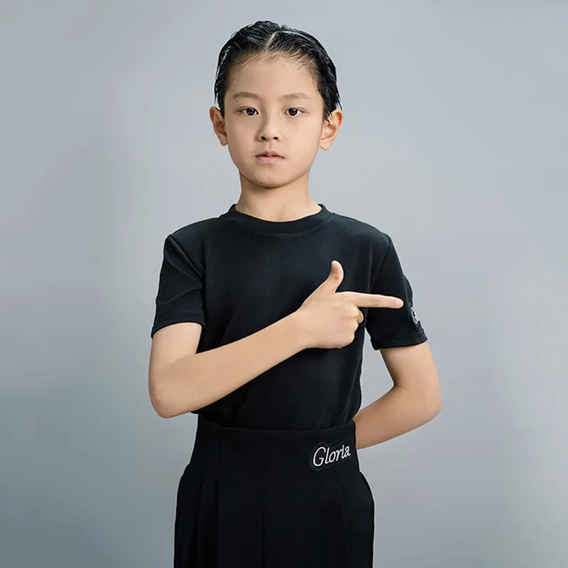 Boys Latin Dance Outfit Round Neck Short Sleeve Top Pants Set Kids Dancing Performance Costume Blue Black Training Wear VDL3605