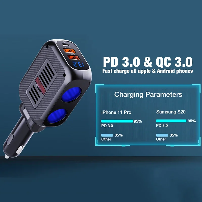 Splitter per accendisigari PD20W per caricabatteria da auto USB per telefono/pad/GPS/tablet PC