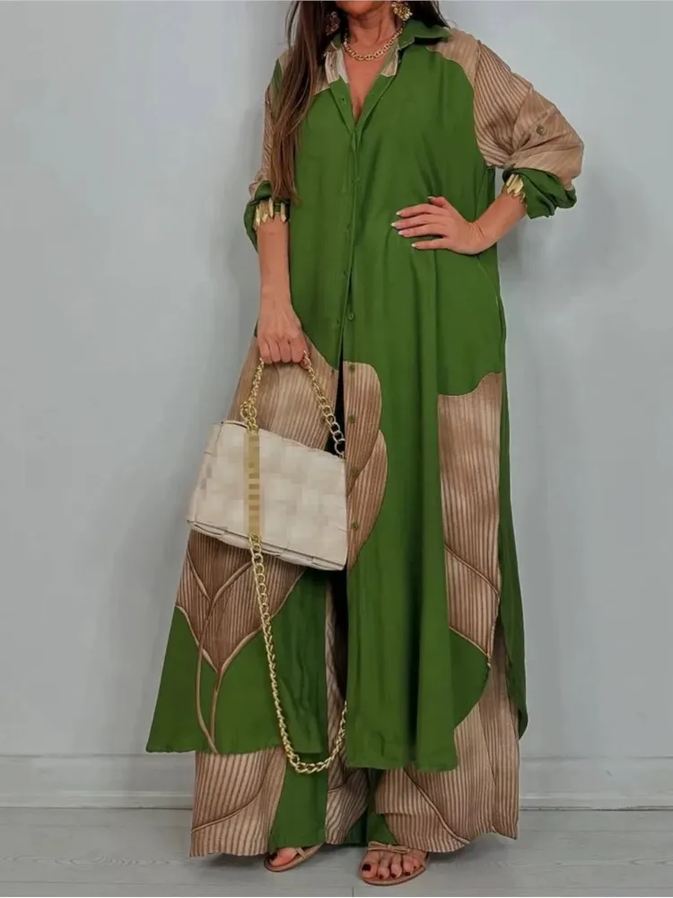 

2025 Spring Fashion Patchwork Print Two Piece Sets Women Summer V-neck Long Sleeve Buttons Shirt Wide Leg Pants Casual Loose Set