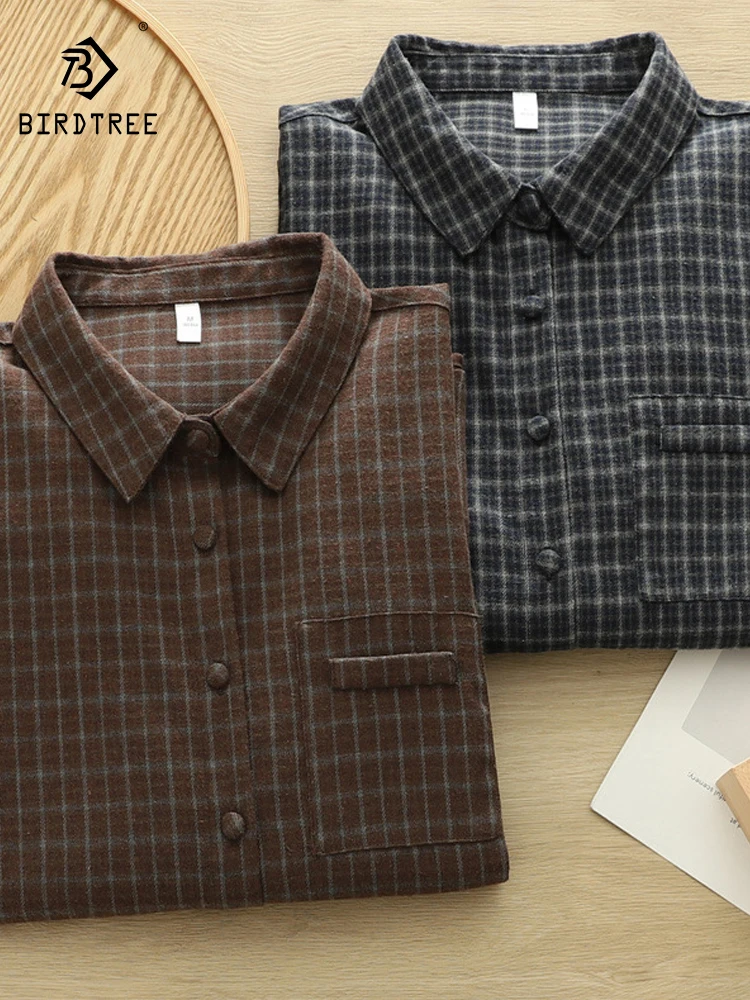 

New 2026 Spring Women Cotton Long Sleeve Brushed Shirt, Turn-down Collar Plaid, Mori Girl Fashion Soft INS Loose Blouse T63689CC