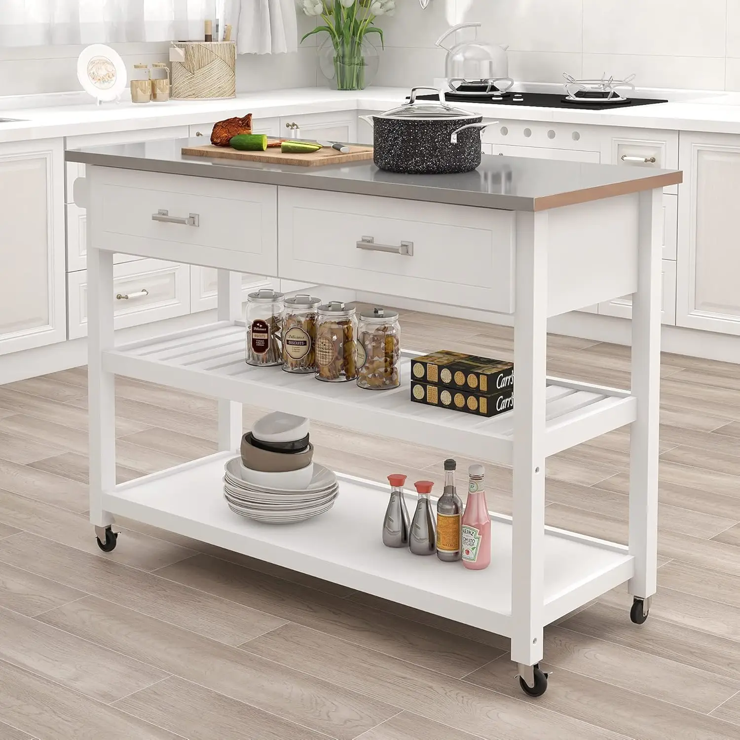 RASOO Kitchen Island White Stainless Steel Top Kitchen Cart On Wheels with 2 Drawers and Storage Shelves, 47.24"x19.68"x35.82"