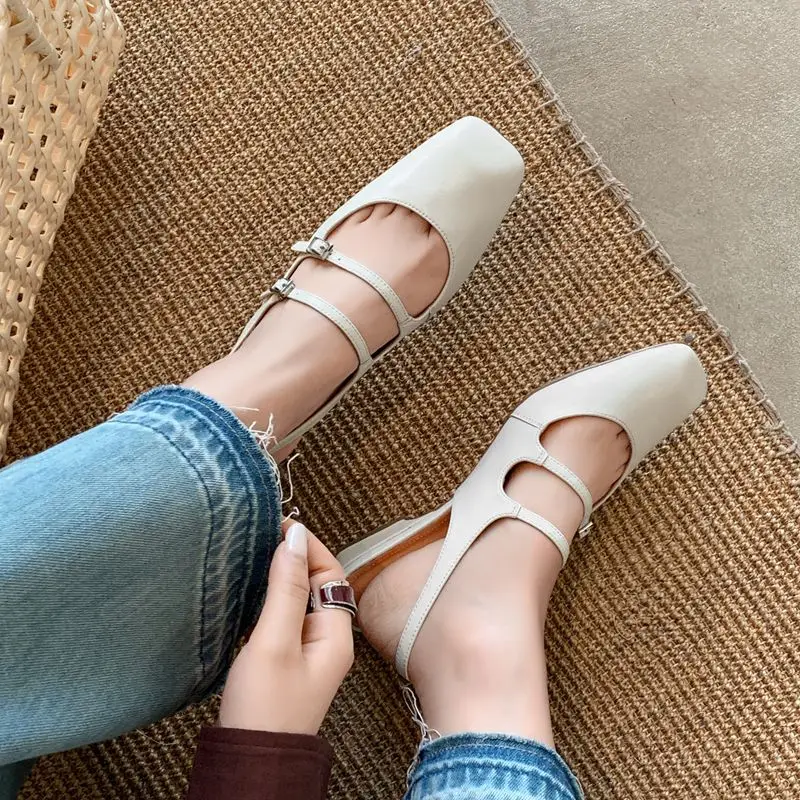 Girseaby 2025 Curated Genuine Sheepskin Ladies Sandals Square Toe Rear Belt Fastener Flat Soft Fashion Social Attire 33 40