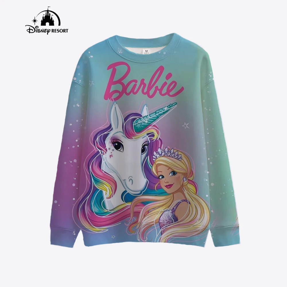 Ladies Barbie Unicorn Print Sweatshirt Spring Autumn O-Neck Sweater Korean Loose Clothes Retro Harajuku Korean