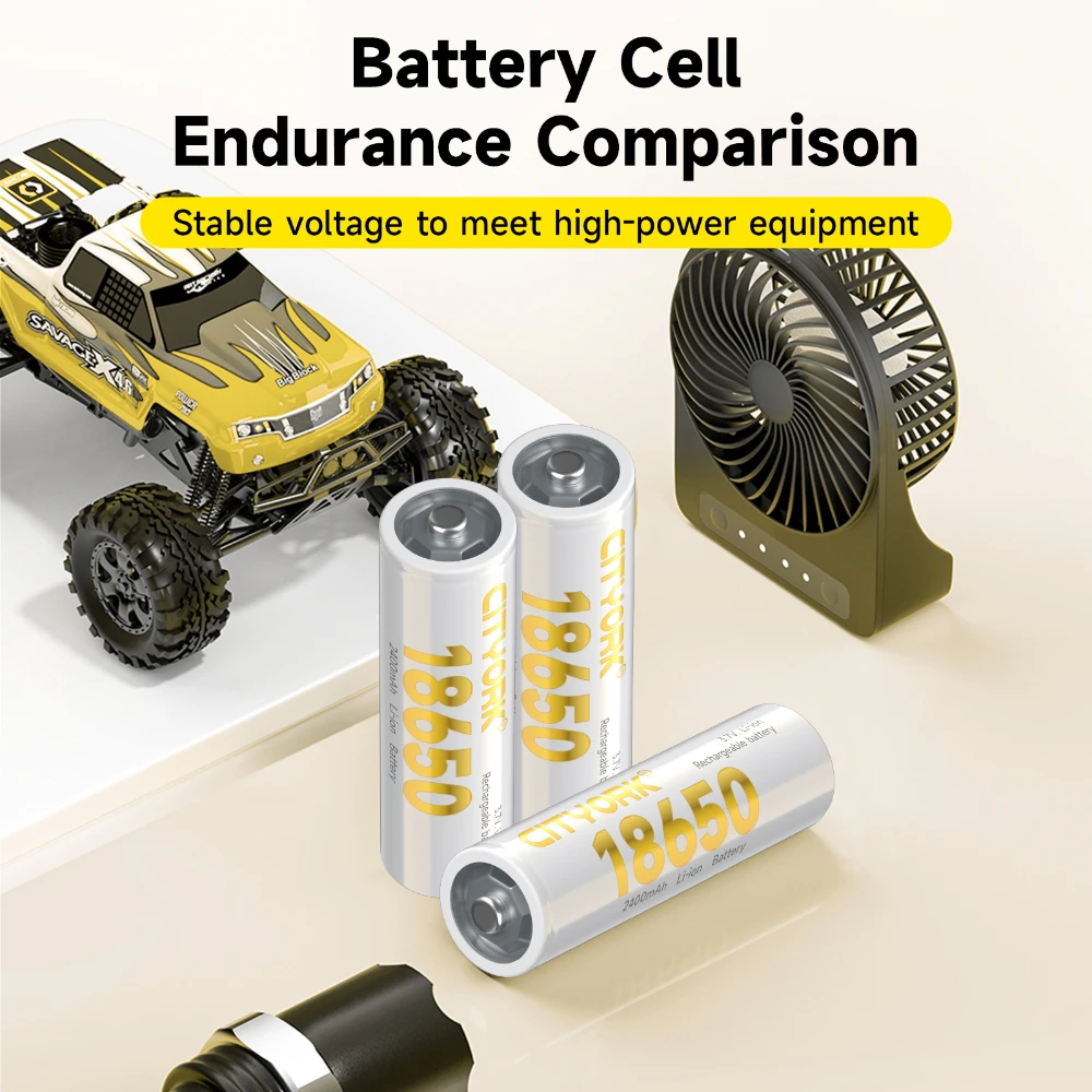 18650 リチウムイオン電池 3.7V、2400mAh、4 スロット独立チャンネル充電器付き、小型ファン、懐中電灯、電気玩具に使用