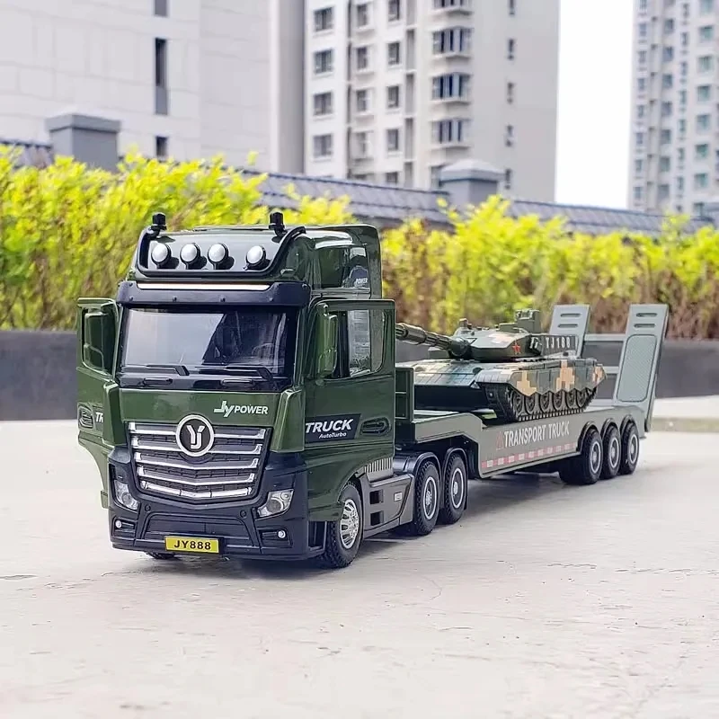 1:50 Military Flatbed Trailer Alloy Car Model Semi Trailer Transport Vehicle Model With Tank Sound and Light Simulation Kid Gift