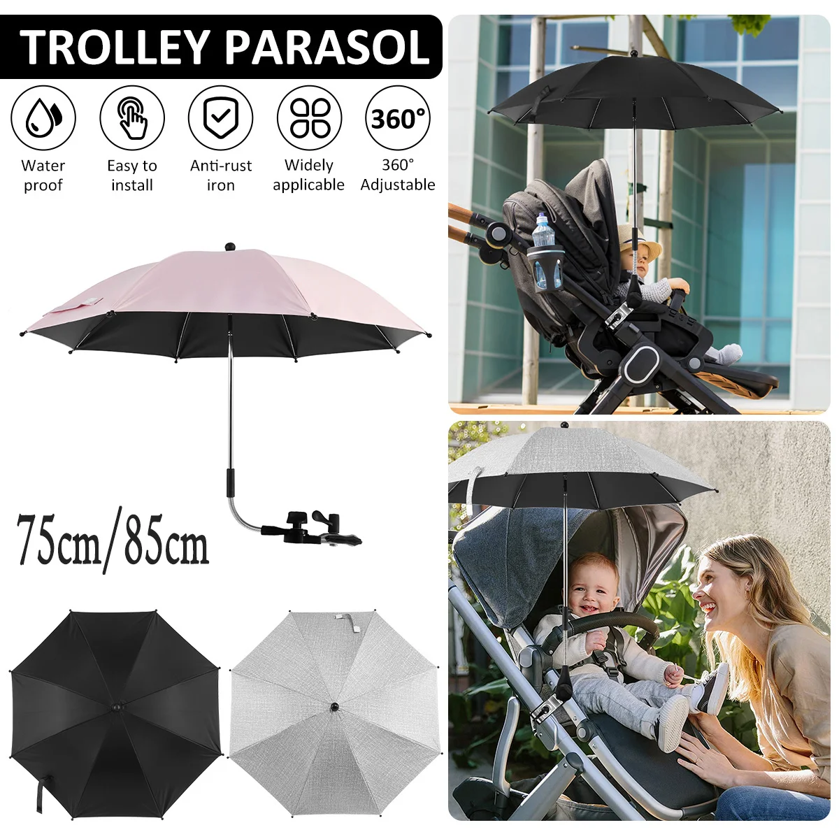 Beach Chair Umbrella UV Protection Baby Stroller Umbrella 360° Adjustable Chair Sunshade with Clamp Sun Rainproof and Windproof