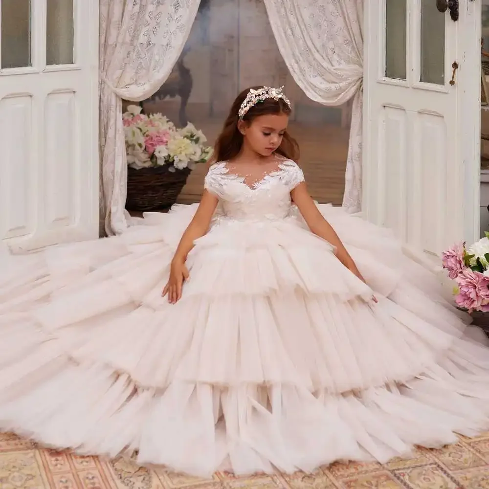 

Tulle First Communion Dresses Beaded Lace Appliques Flower Girl Dress For Girls 2-14Y Custom Made Princess Wedding Party Gowns