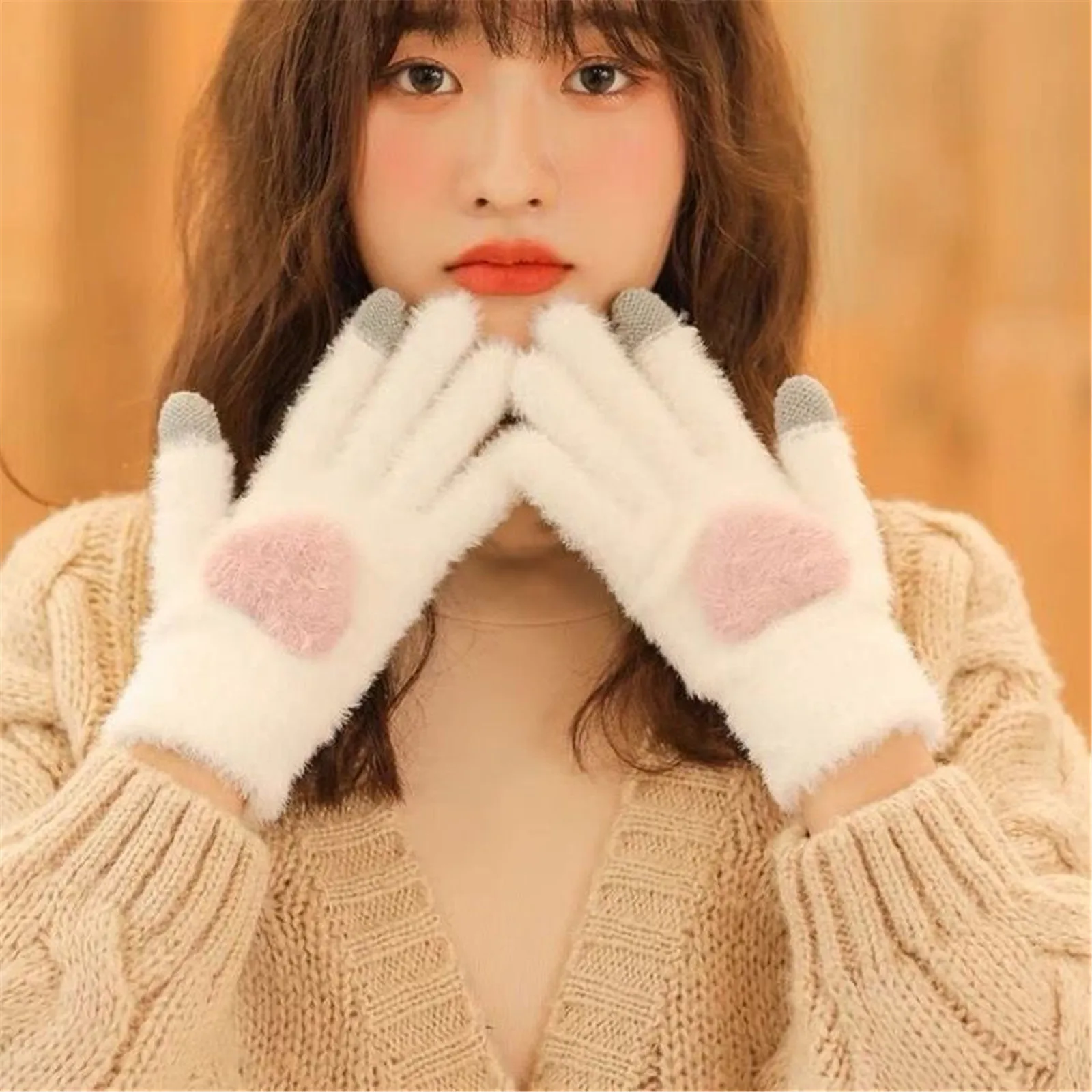 1pair Love Heart Pink Gloves Women Plush Gloves Autumn And Winter Thick Mittens Full Finger Gloves Girls Warm Touch Screen Glove