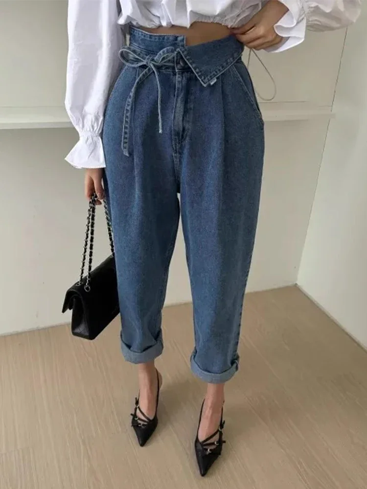 Vrouwen hoge taille losse denim broek lente zomer flip taille kraag riem rechte Harlan jeans lange broek streetwear Y2K broek