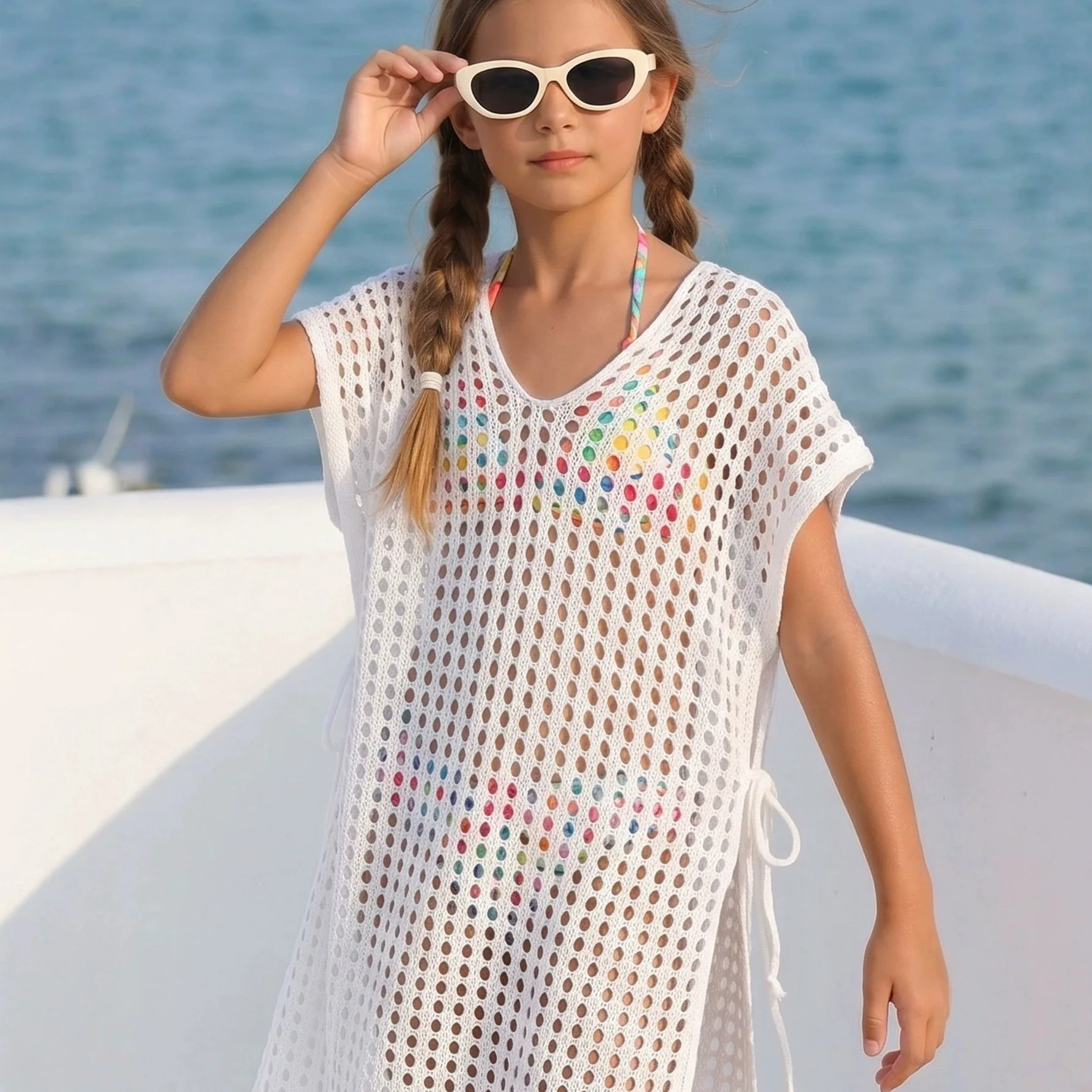 Children's Mesh Hollowed Out Knitted Beach Cover Shirt Girls' V-neck Side Drawstring Swimsuit Vacation Style