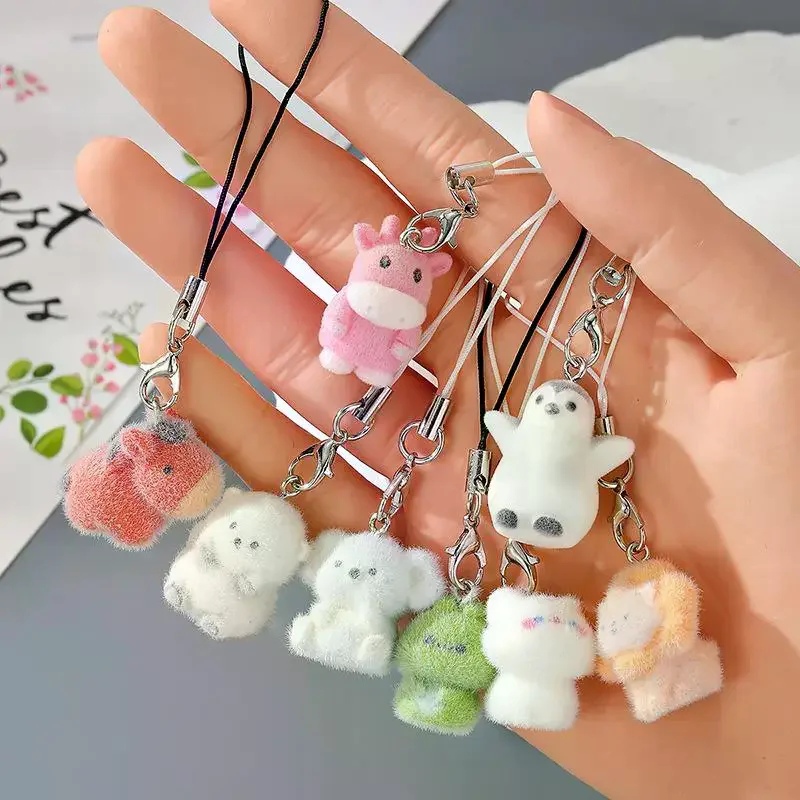 Cute Flocking Animal Keychains Resin Penguin Tiger Bear Pendant Bag Earphone Case Lanyard Accessories