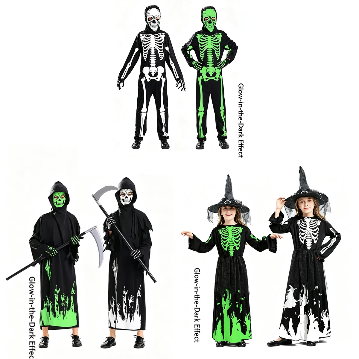 Kids Halloween Scary Costume Set,Glow‑in‑the‑Dark Grim Reaper Robe with Scythe & Skeleton Jumpsuit for Carnival Party Dress‑up