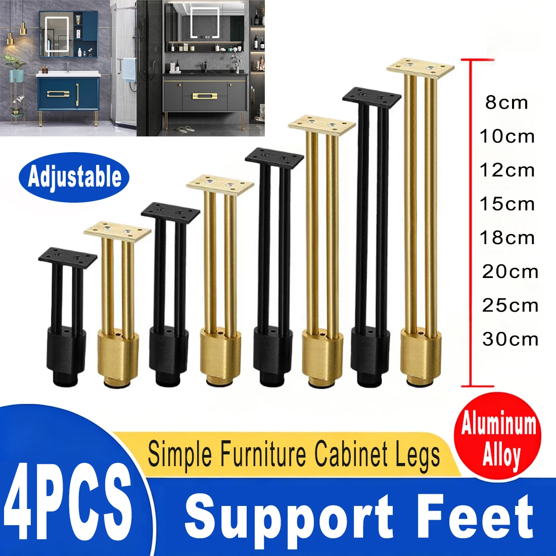 4pcs Adjustable Height Furniture Support Legs for Bed Frame, Metal Adjustable Furniture Legs for Bed/Sofa/Cabinet/Couch/Table