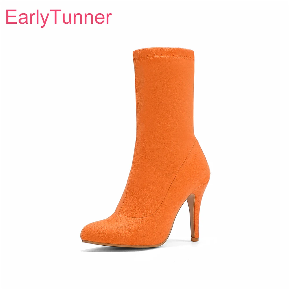 

Spring New Fashion Orange Black Mid Calf Boots for Woman High Spike Heel Lady Nude Shoes Plus Small Big Size 12 32 45 48