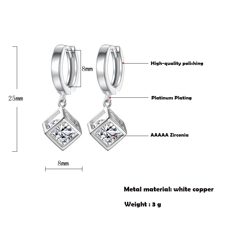 New Fashion Shiny Hoop Earrings Tiny Hoops With Square Pendants Zirconia Simple Style Dangle Earring Piercing Jewelry Gifts
