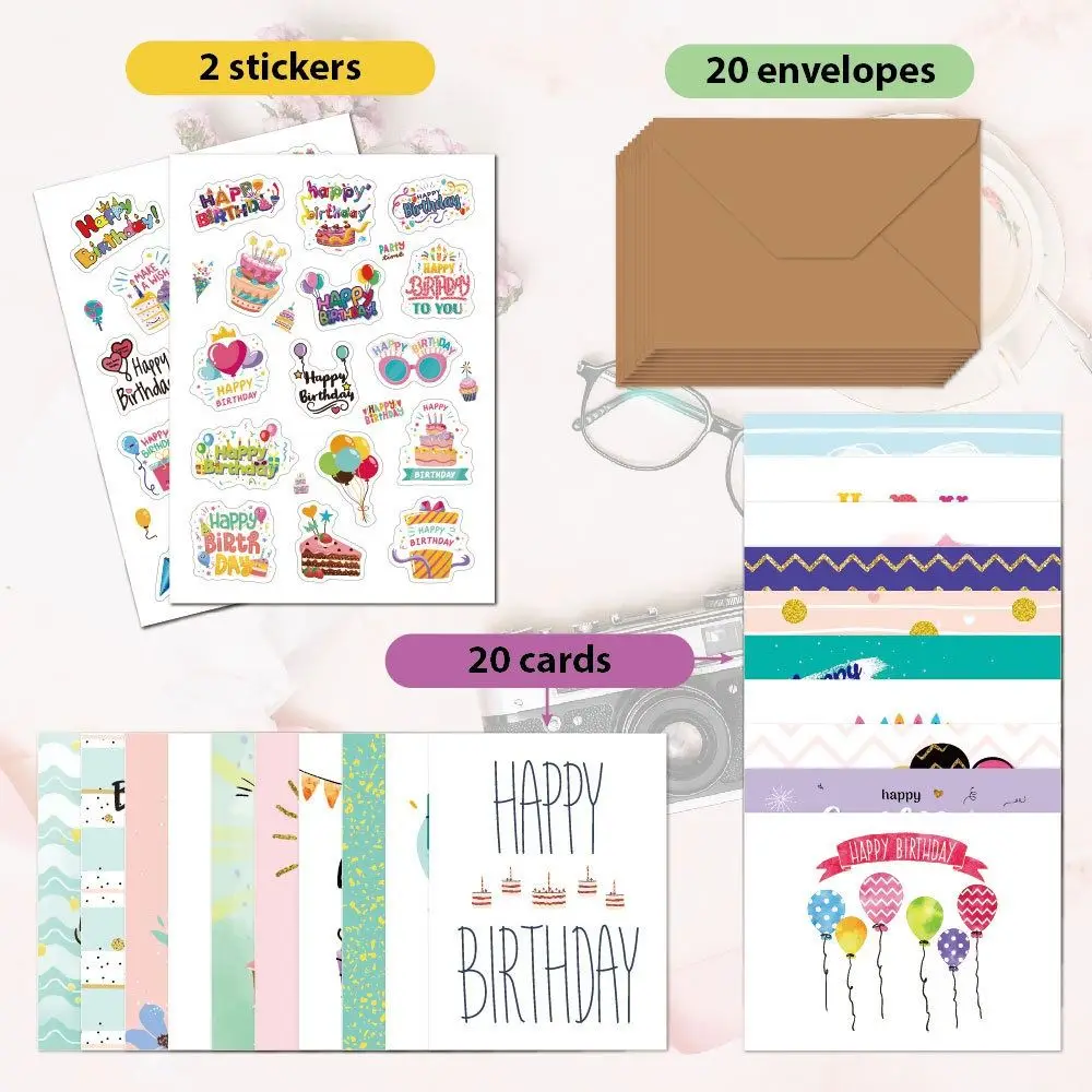 20pcs Combination Set Birthday Greeting Card Blessing DIY Happy Birthday Card with Envelope Handwriting Message Cards