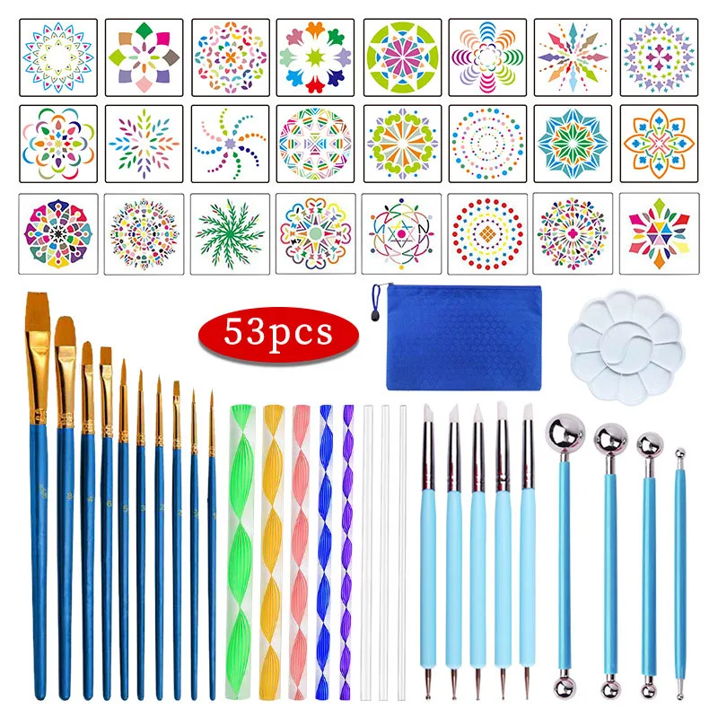 53/35pcs DIY Stone Mandala Dotting Tools for Painting Rock Stone Pen Embossing Starter Drawing Stencil Template Brush Tray Kit