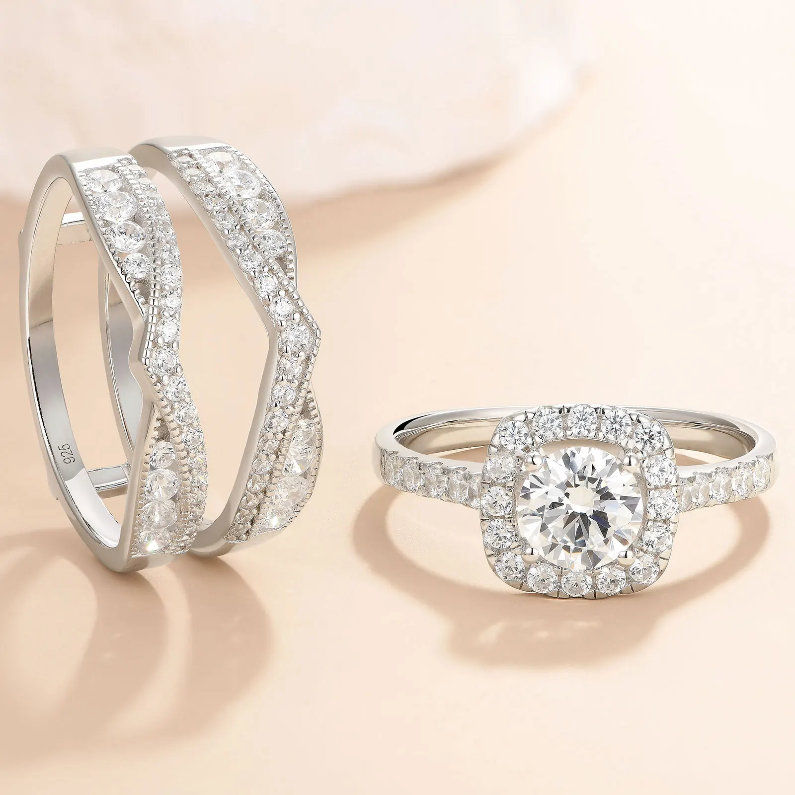 Newshe 2Pcs Wedding Rings for Women 925 Sterling Silver Original Jewelry AAAAA Cz Engagement Ring Bridal Set Enhancers and Wraps