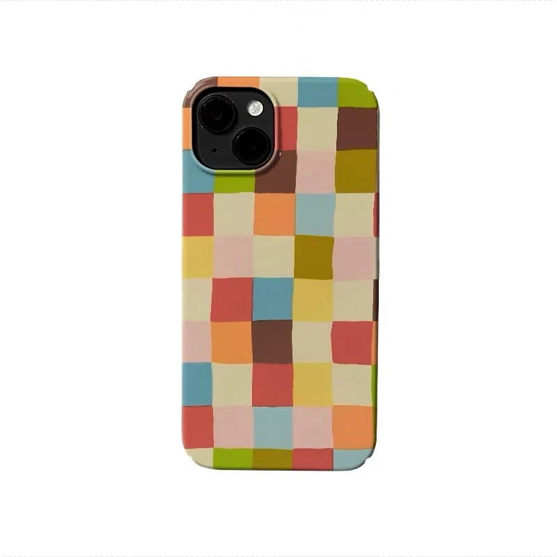 

Ins Colored Square Grid Phone Case for IPhone 16E 15 14 13 Pro Max 12 Mini 11 Pro Plus XR Protection Ultra Thin Hard PC Cover