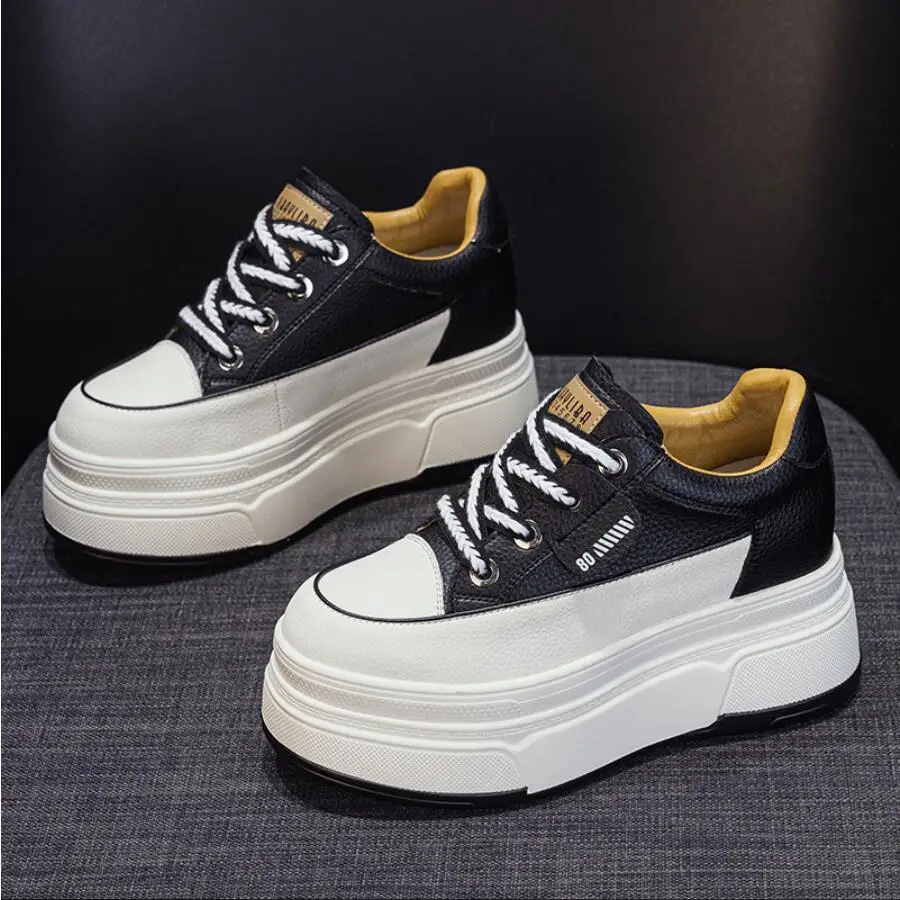 

9cm 3 inch comfortable platform sneakers for women Genuine Leather Women Vulcanized Shoes Platform High Heels Casual Shoes