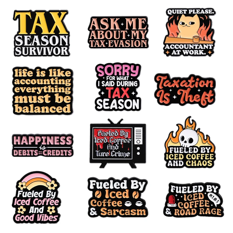 Wholesale Cartoon Enamel Pins Fueled By Iced Coffee Sarcasm Brooches Creative Tax Season Survivor Lapel Badge Accessories Gift