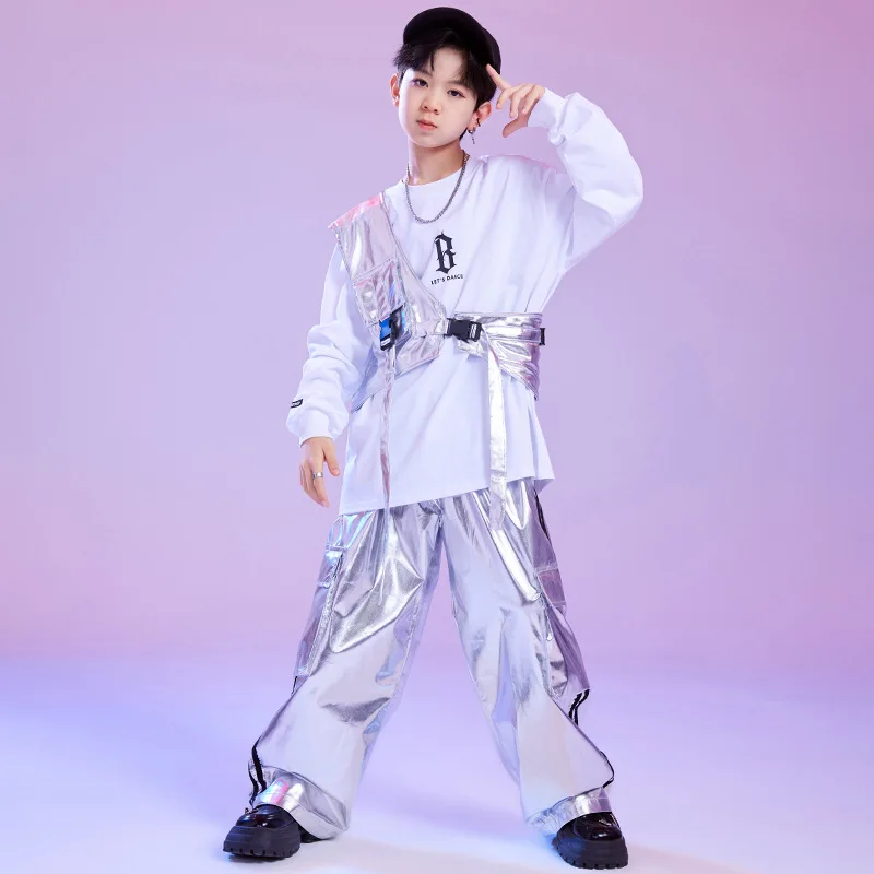 Kid Hip Hop Kleding Zilver Een Schouder Vest Wit Sweatshirt Casual Brede Cargo Broek voor Meisje Jongen Jazzdans Kostuums Kleding