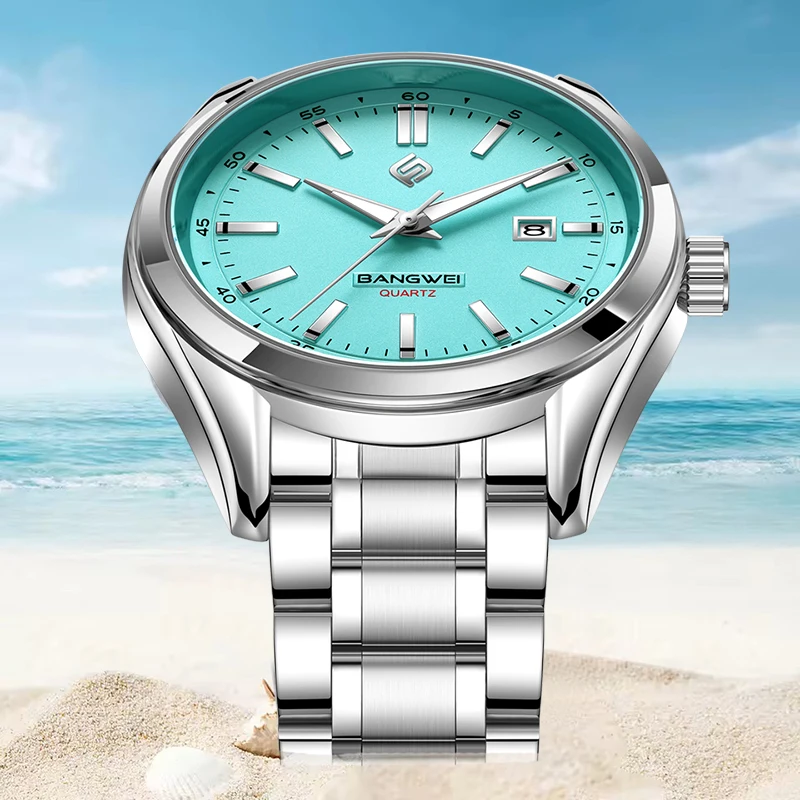 BANGWEI New Luxury Men Watch Top Brand Classic Business Stainless Steel Dual Calendar Quartz Wrist Watch for Men Reloj Hombre