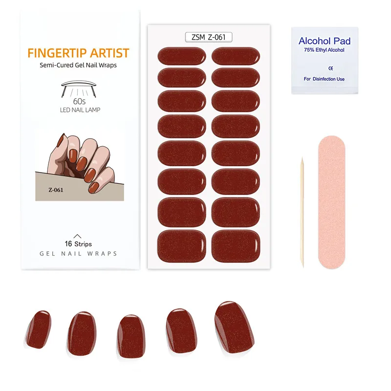 Solid Color 16 Strips Semi-Cured Gel Nail Wraps Adhesive Waterproof Long Lasting Gel Nail Stickers Harden In UV Lamp Need