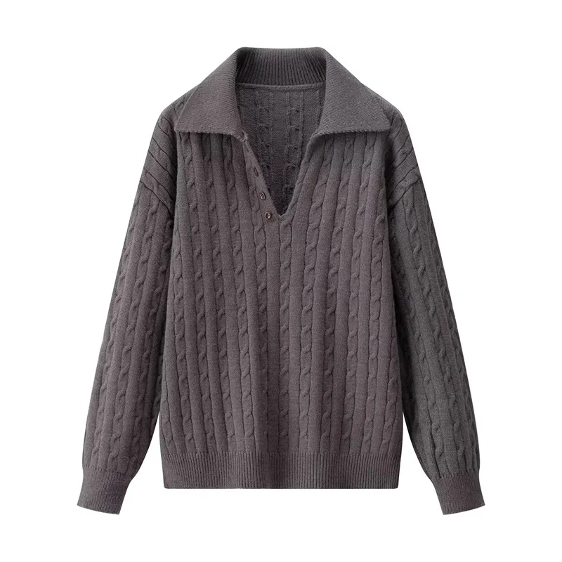 

Women's Top 2025 Autumn New Style Gray Long-Sleeve Collared Loose Simple Knit Pullover Top Casual Fashion Versatile