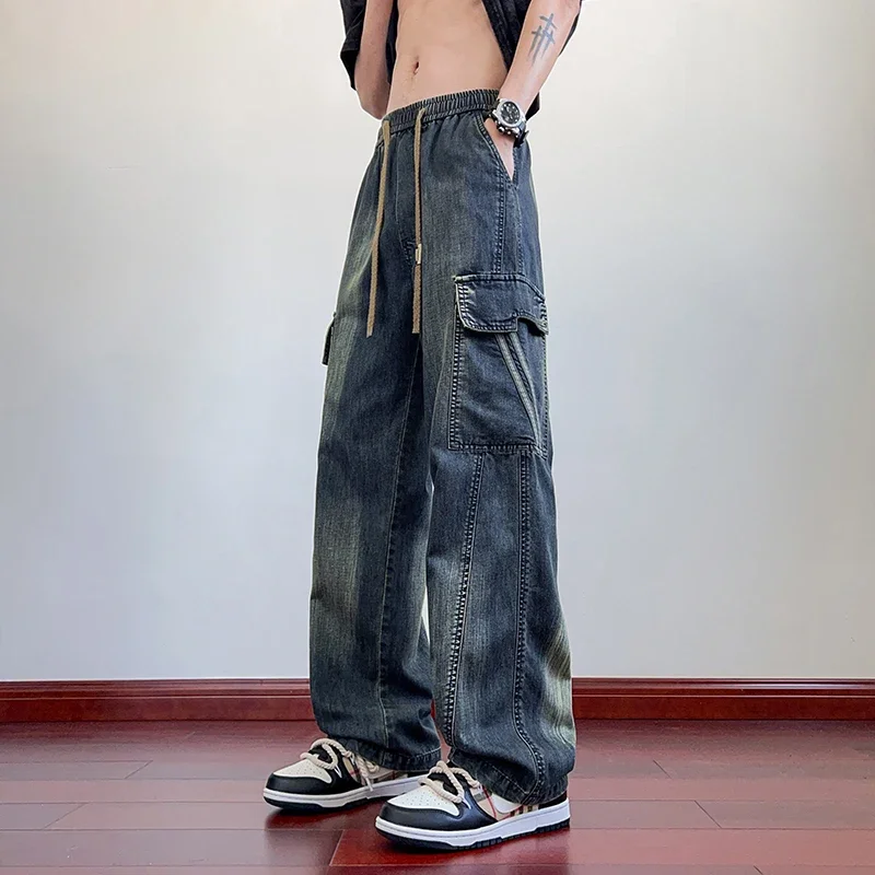 Estate gamba larga lavaggio Jean tasche con patta pantaloni cargo leggeri pantaloni da strada da uomo pantaloni estivi sottili casual larghi taglia grande 8xl