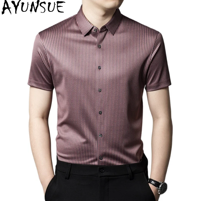 

AYUNSUE 92% Mulberry Silk Men Shirts Mens Summer Shirt Mens Shirts Short Sleeves Plain Shirt Chemise Homme De Eté Casual Tops