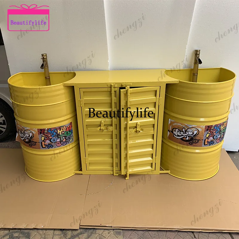 A17 Retro industrial wind semi-round oil drum wash table bar creative personality floor type integrated combination