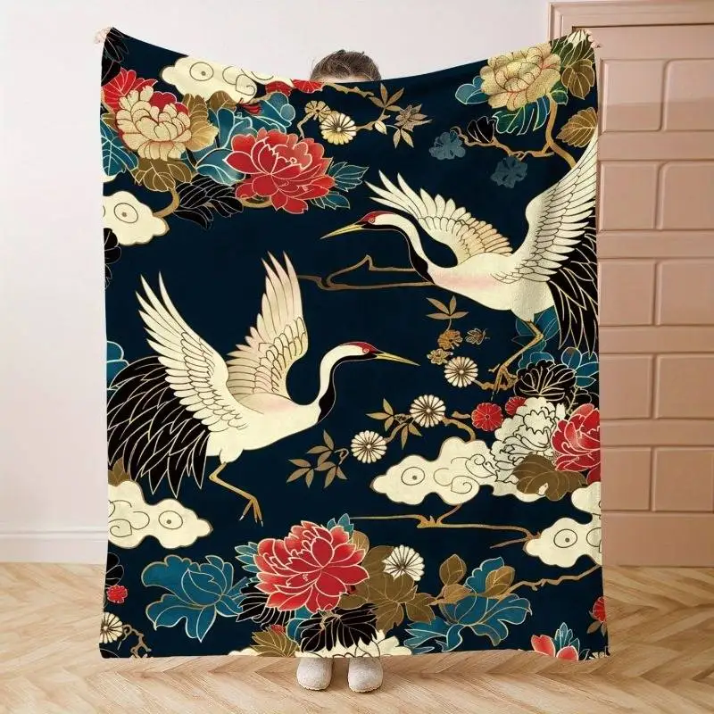 Elegant Peony Floral Throw Blanket Dark Blue Asian Nature Print Cozy Lap Throw Decorative Couch Blanket for Sofa Bed