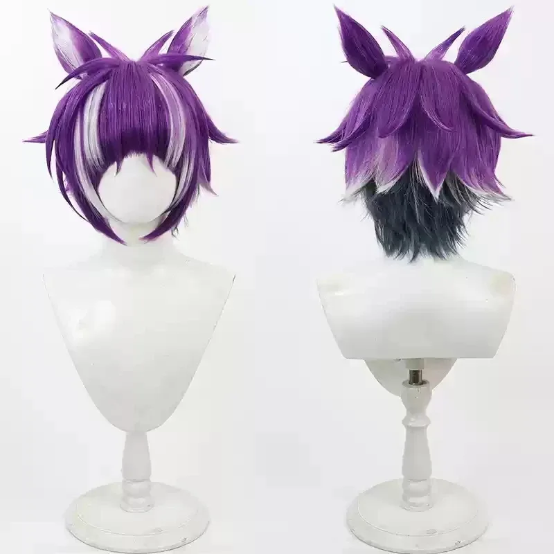 2025 aaa Game Twisted Wonderland Cheshire Cat Cosplay Wig with Ears Short Heat Resistant Synthetic Hair Halloween Party Role Pla
