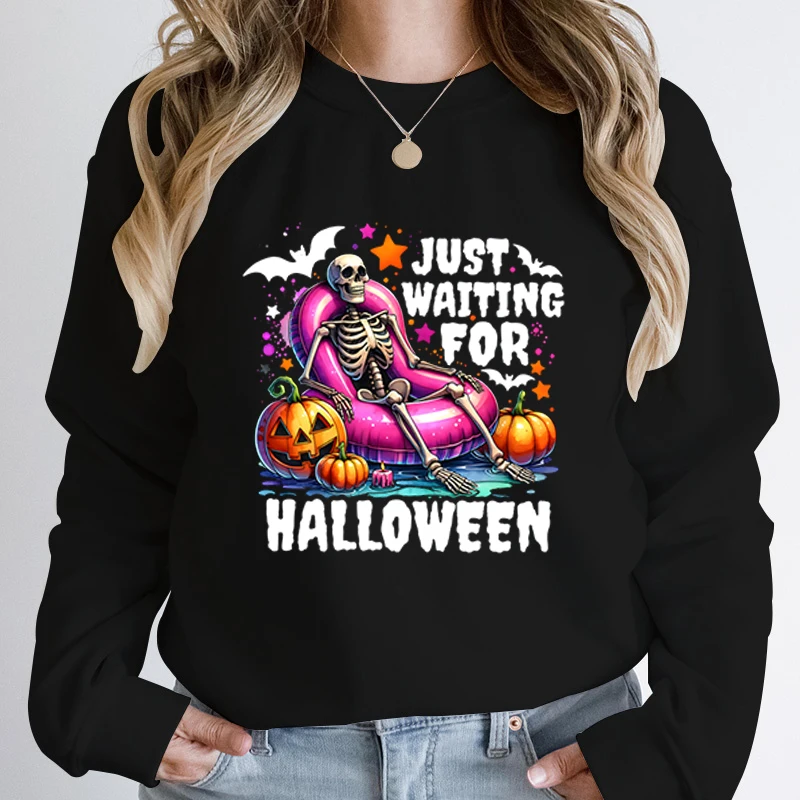 

Skeleton Just Waiting For Halloween Pullovers Autumn Winter Creative Halloween Tops Ladies Casual Sweatshirt Round Neck Pullover