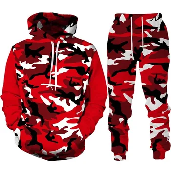 Autunno Camouflage 3D stampato Felpa con cappuccio da uomo Felpe Pantaloni sportivi Moda casual Due pezzi Tuta Set Abbigliamento da uomo