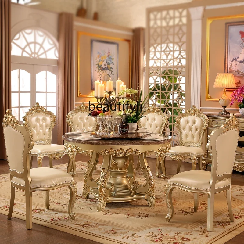 

American Villa Restaurant Marble with turntable 6 people 8 people Household solid wood carving flower round dining table