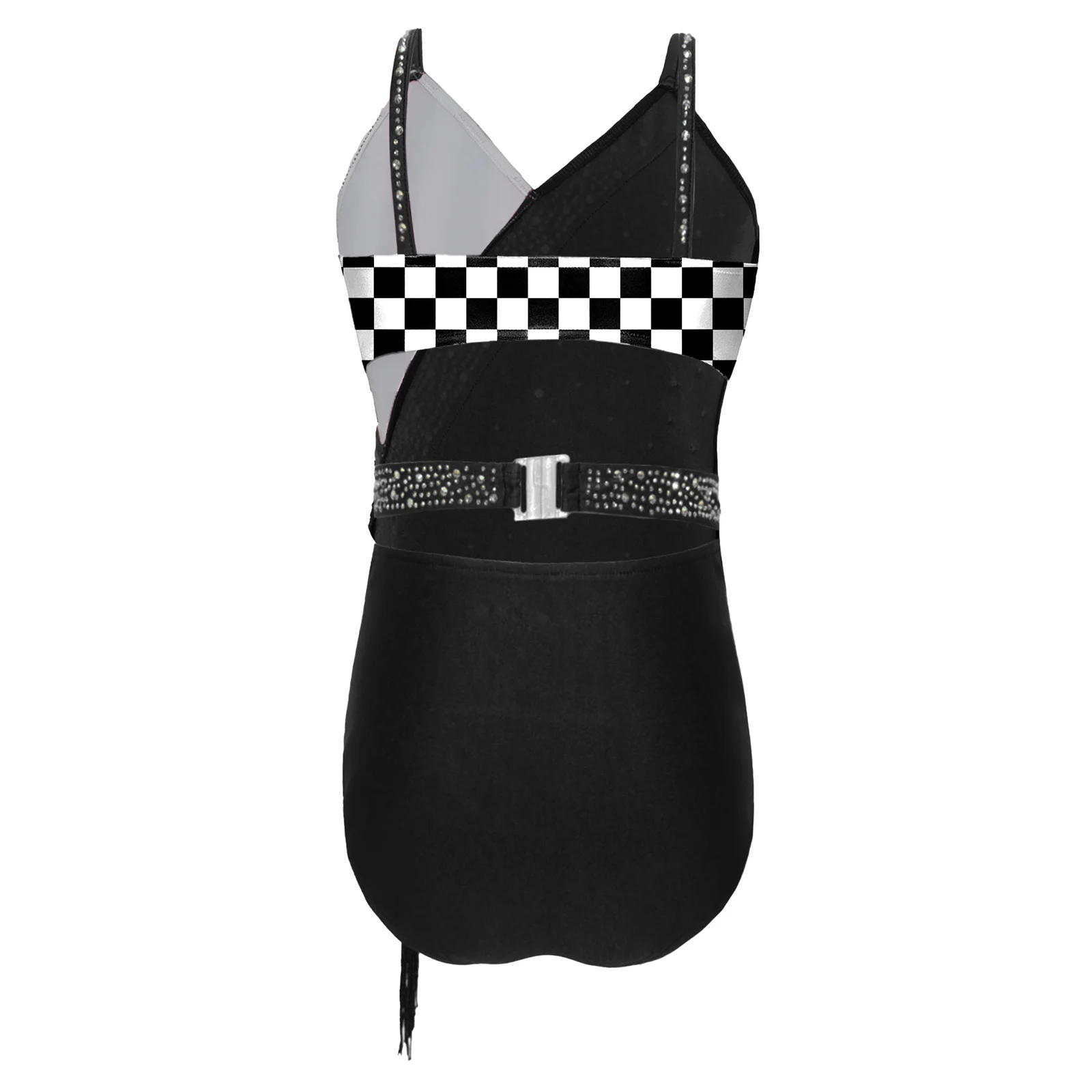Kinder Mädchen Gymnastik- und Latein-Tanzanzüge, V-Ausschnitt Bodysuit mit Strass und Quasten, Dreieckiger Jumpsuit, Tanzkleidung – Detail 12