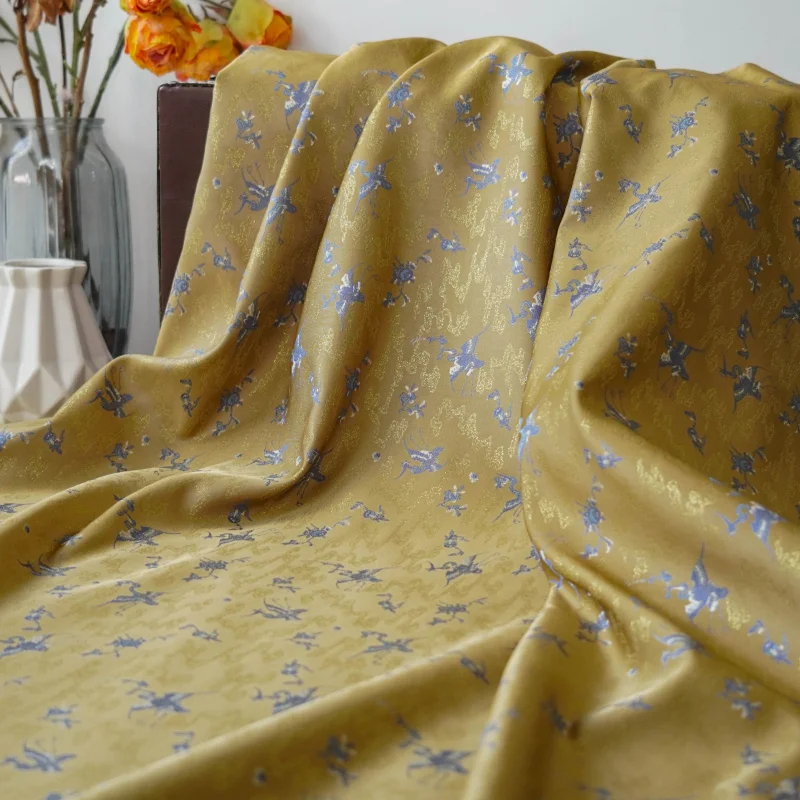 L100cm X W150cm Red Crowned Crane Jacquard Fabric Chinese Style Vest Hanfu Bag Brocade Yarn Dyed Elegant DIY Sewing Material