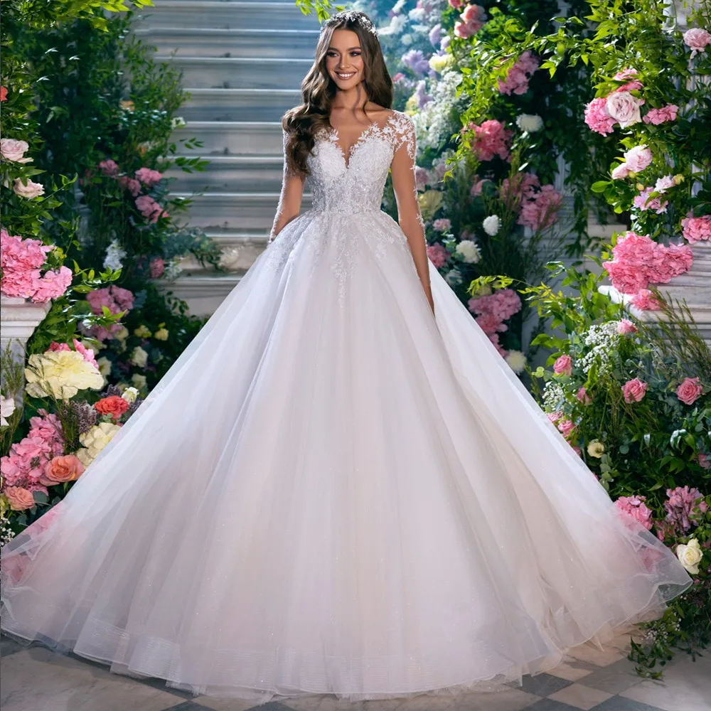 

Gorgeous A Line Wedding Dresses 2024 Bridal Gown Sheer Sleeves Beading Pearls Appliques V-Neck Vestidos De Noiva Custom Made