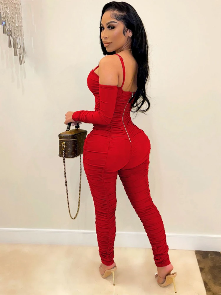 Long Sleeve Sling Jumpsuit women 2023 Autumn Winter Solid Sexy Bra Tight Fitting Clothes Red High Waist Pleated Female Jumpsuit