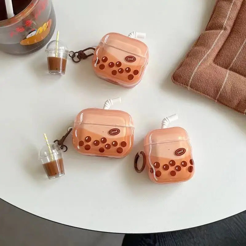 3D Wavy Edge Straw Milk Tea Pattern Earphone Case For Air Pods Pro3 Pro2 Airpods 4 3 2 Gen Wireless Bluetooth Cover With Pendant