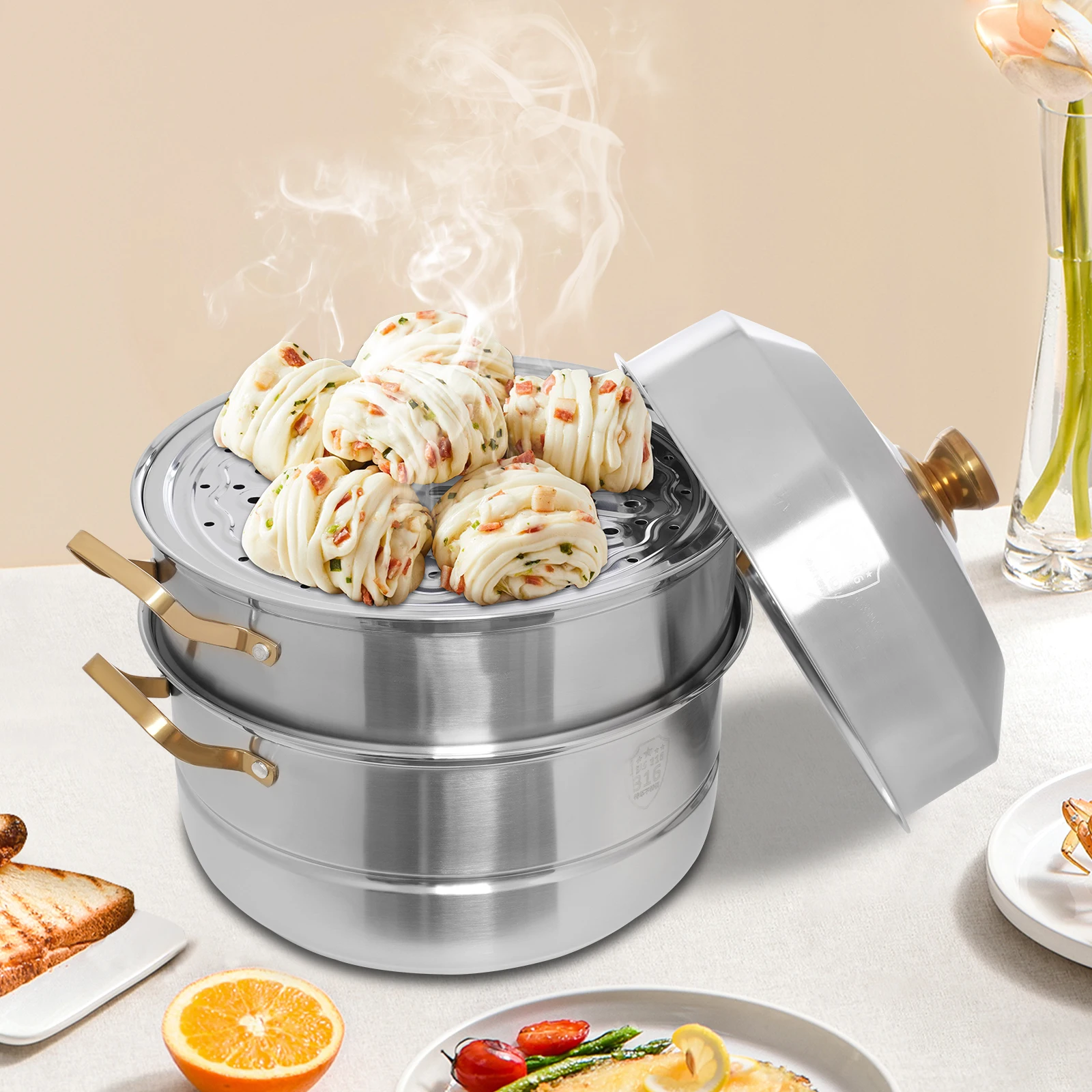 3 Tier Steamer Cooker Pot Set Stainless Steel Kitchen Cookware Hot Pot