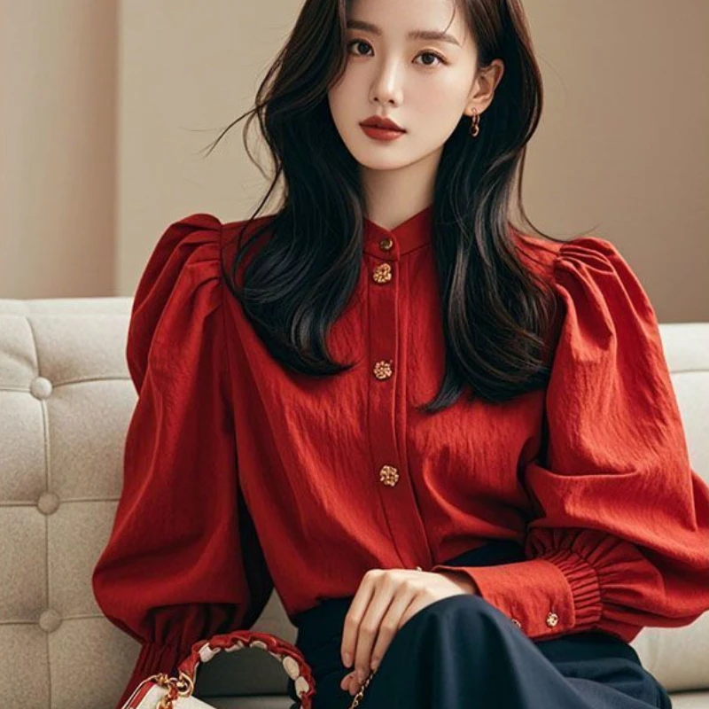 Spring Fall Women Vintage Lantern Sleeve Red Top Shirt , French Style Women Elegant Tops Shirts