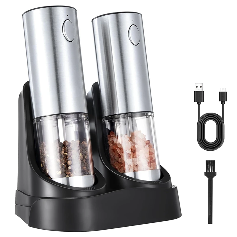 Electric Salt And Pepper Grinder Set - Automatic Rechargeable Salt/Pepper Grinder With Charging Base And LED Light