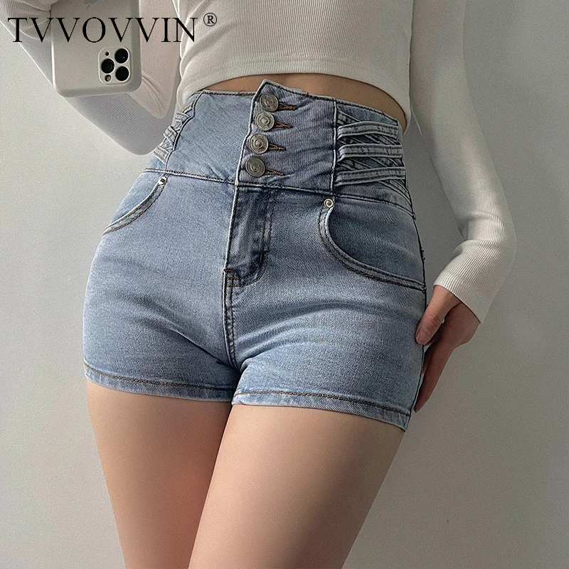 

TVVOVVIN Hot Girl Style Sexy High Waist Single Breasted Cross Knit Waist Hip Lifting Denim Shorts Hot Shorts Fashion Sweet P64S